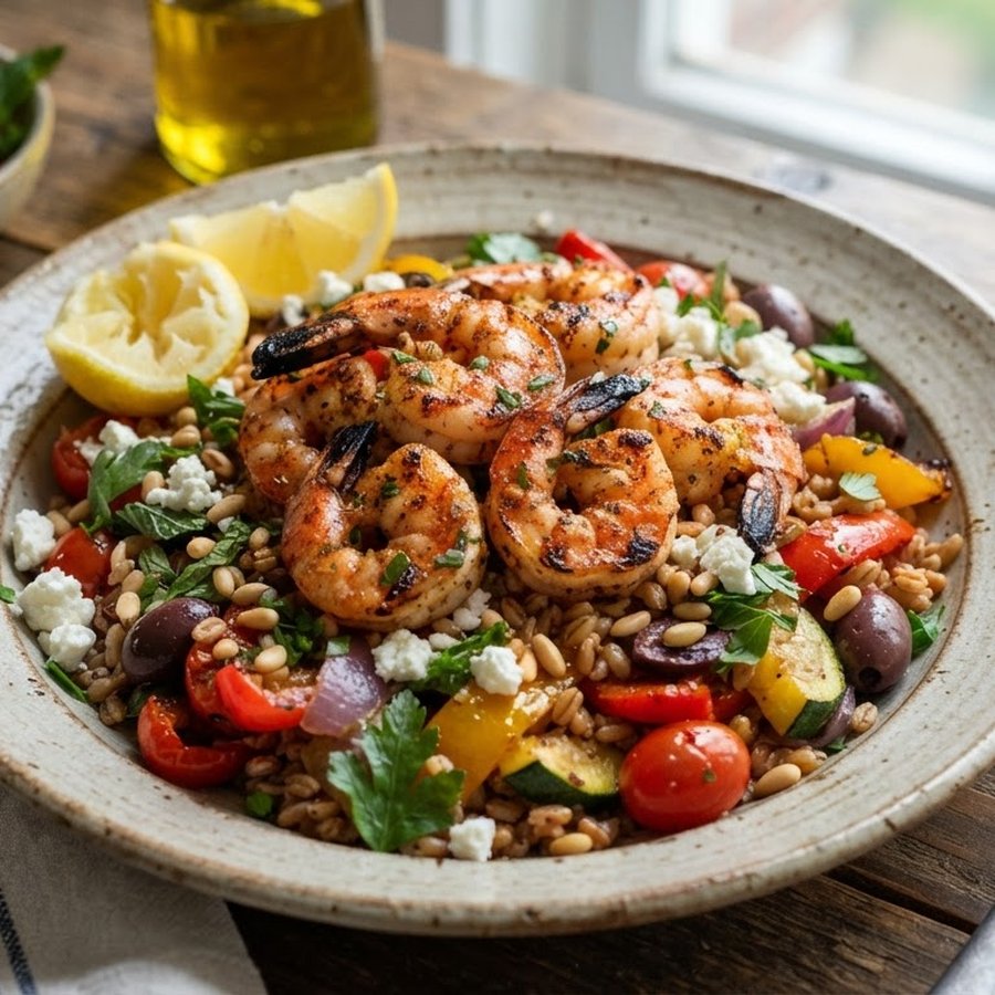 Gamberi, farro e verdure mediterranee